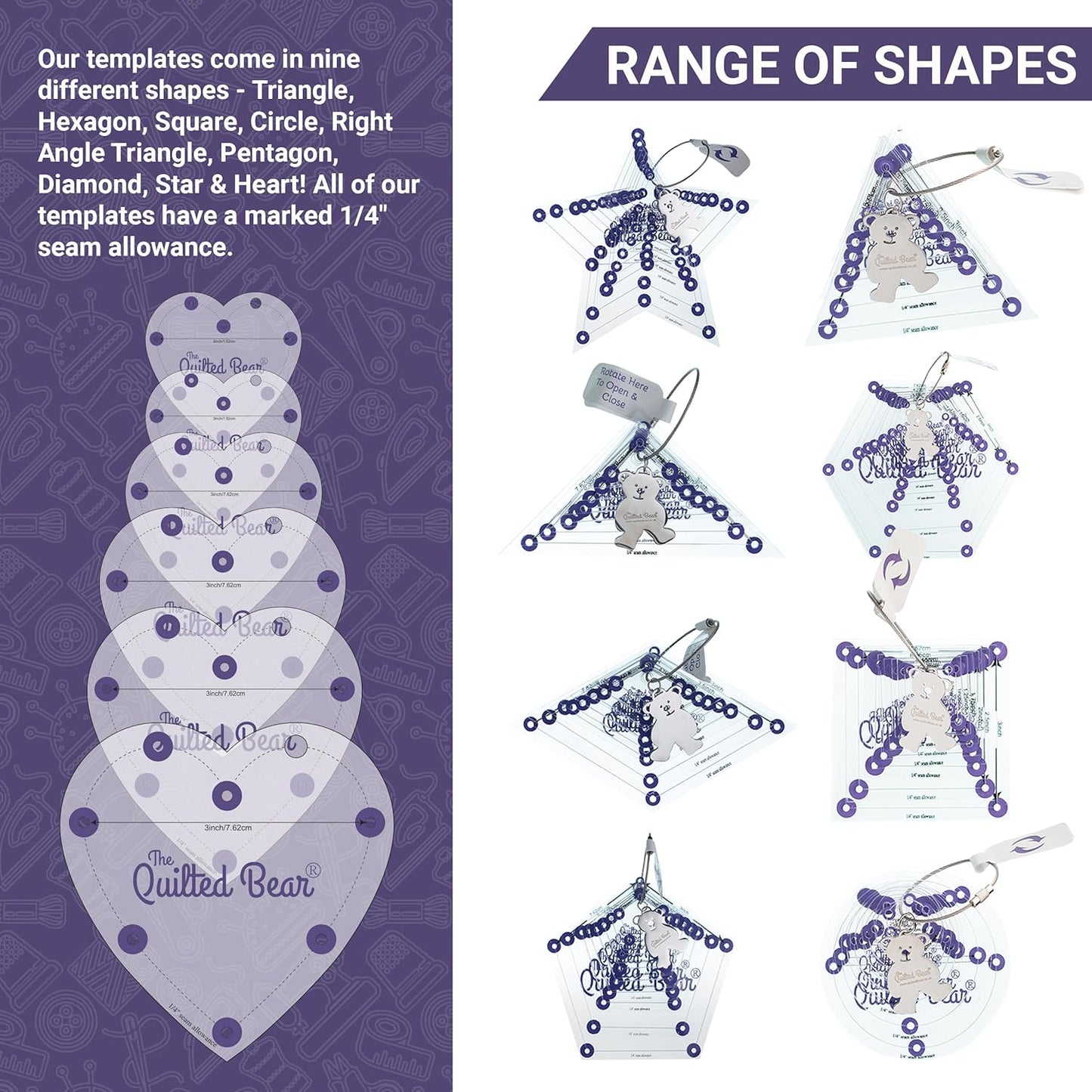 The Quilted Bear Star Quilting Templates – 8 Clear Non-Slip Acrylic Quilt Templates for Precise Fabric Cutting & Stress-Free Machine Quilting - Ideal for Quilt & Sewing Supplies (¾–3")