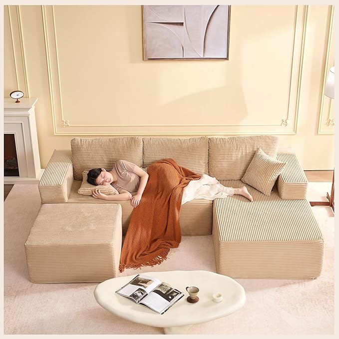 Afuson 107" Boneless Couch with Deep Seat, Modular Sectional Sofa, Cloud Sectional Couch for Living Room, No Assembly Required, Corduroy, U-Shape 3 Seater Right, Camel