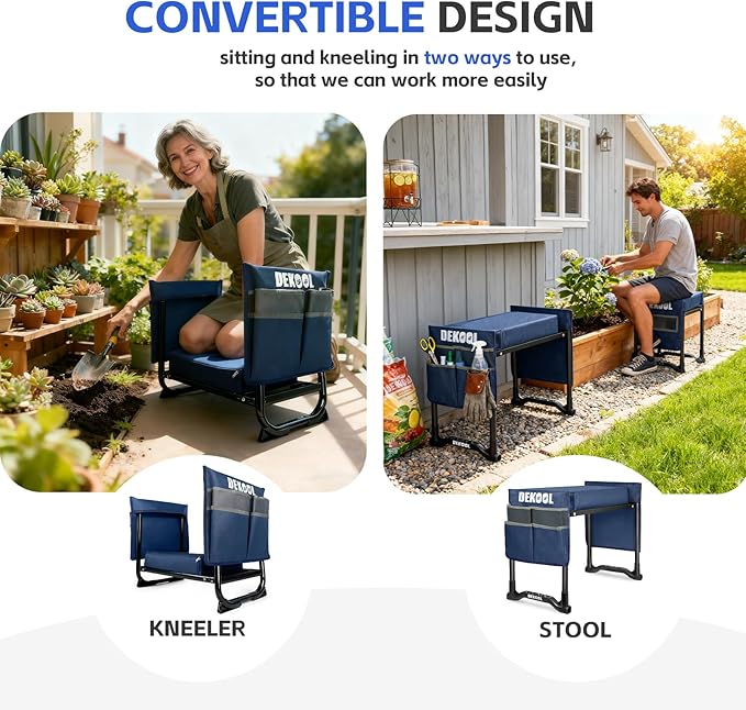 Dekool Garden Kneeler and Seat with Upgraded Wide & 3" Thick Kneeling Pad, Heavy Duty Garden Stool with 2 Large Tool Bags, Portable Bench for Weeding, Gardening Gifts for Women, Men, Seniors, Blue