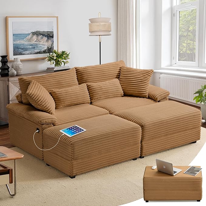 SUNWAVE 74" W Double Chaise Lounge Chair Indoor, Oversized Loveseat with Storage Ottoman, Corduroy Couch with USB Charging, Removable Ottoman, and Coffee Table Cushions for Living Room, Apartment