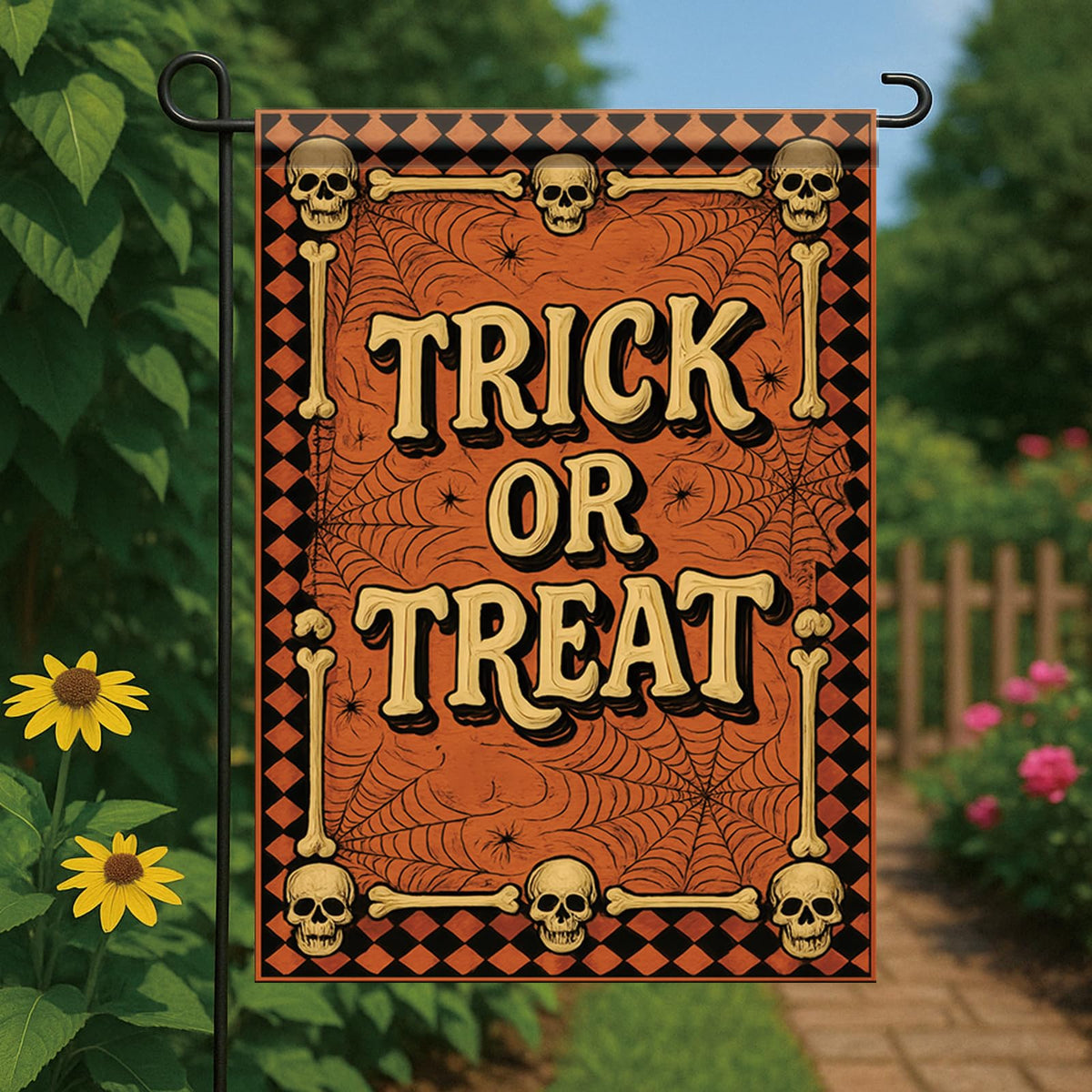 Saoplasa Halloween Garden Flag Trick or Treat Skulls Spider Webs Flag 12x18 Inch Double Sided Outdoor Yard Banner for Halloween Haunted House Spooky Trick or Treat Decoration Decor