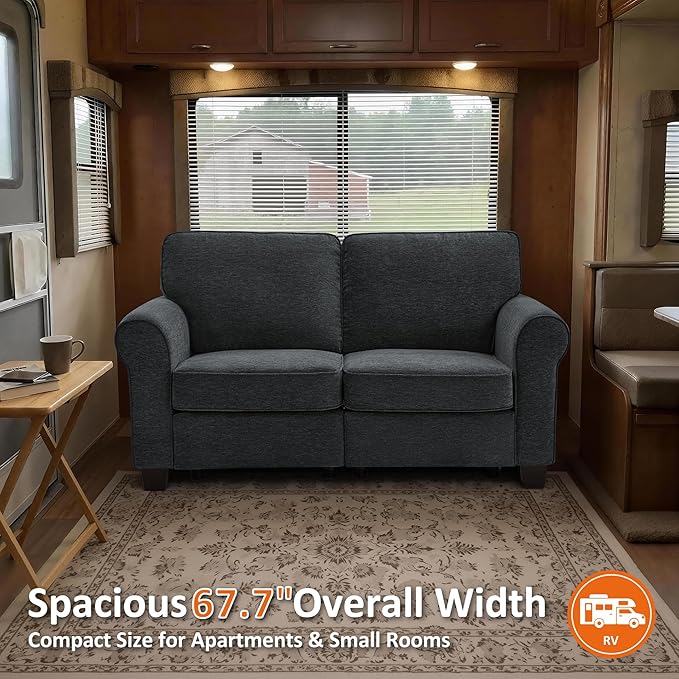 MCombo 67.7" Loveseat Sofa, 2-Seater Small Couch for Small Spaces, Classic Rolled Arm Upholstered Sofa with Solid Wood Legs for Living Room, Removable Cover, Chenille Fabric VE730 (Dark Grey)