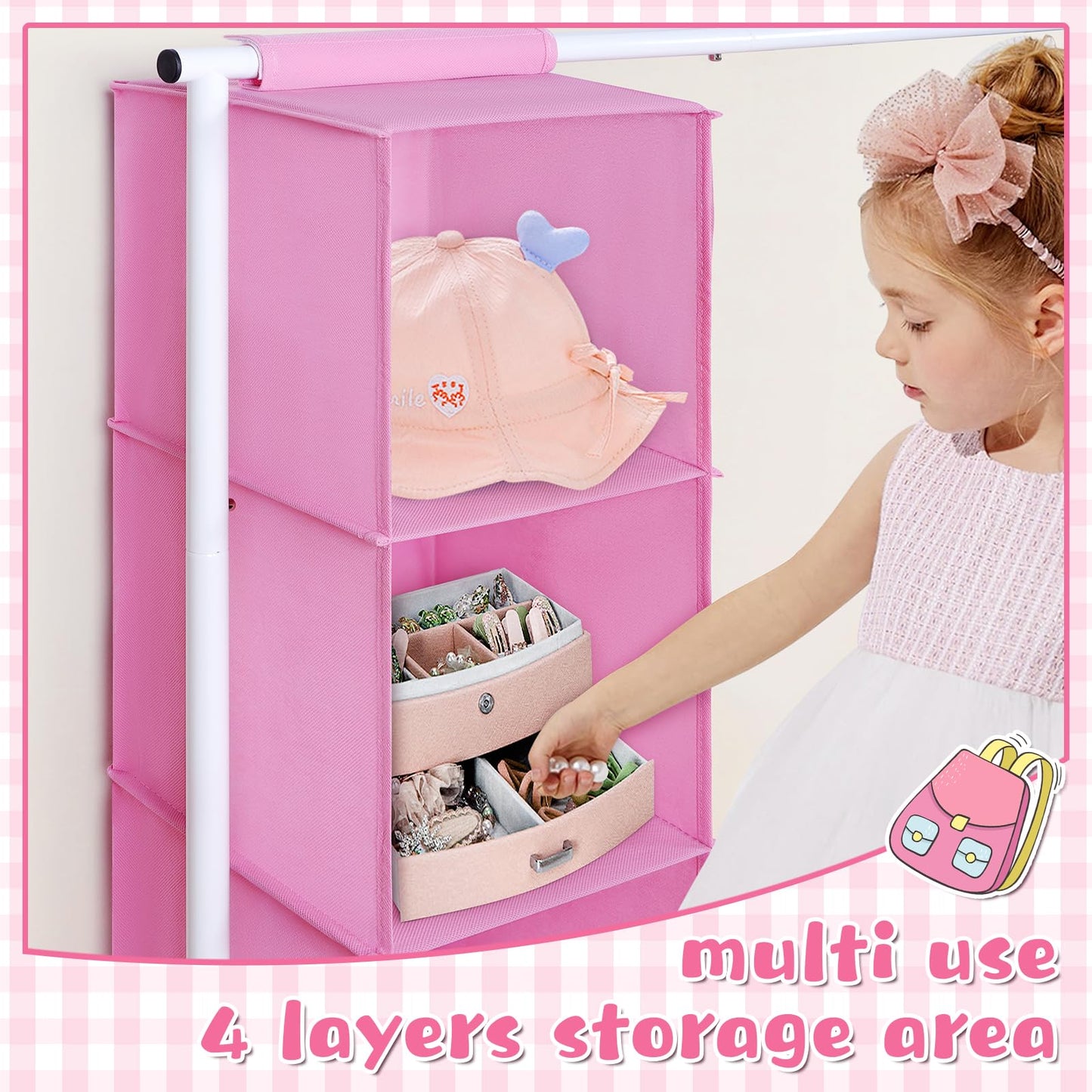 Univivi Kids Clothing Rack with Hanging Organizer, Short Toddler Dress Up Storage Rack for Hanging Clothes, Kids Wardrobe Closet for Baby Clothes, Dance Costumes, Pink/White