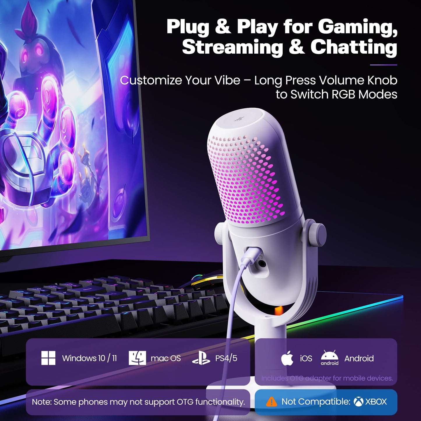 Usb Microphone For Pc Gaming: Condenser Microphone Rgb For Gamer With Stand Mic - Recording Mic For Computer&Laptop With Qiuck M
