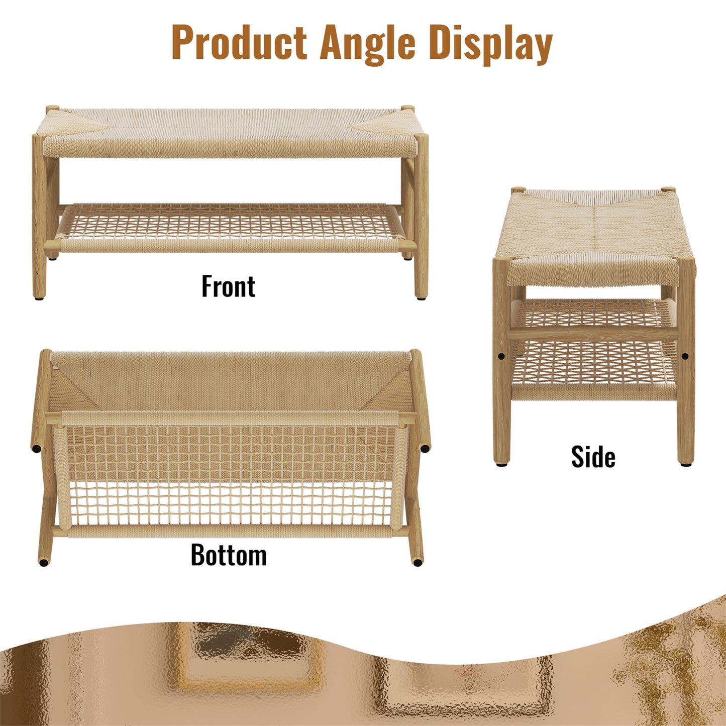 DKLGG Entryway Storage Bench with Mesh Shelf, Indoor Storage Bench Entrance Bench with Paper Cord & Rubber Wood Legs, Narrow Bench Boho Bench Dining Room Bench for Entryway, Living Room, Bedroom