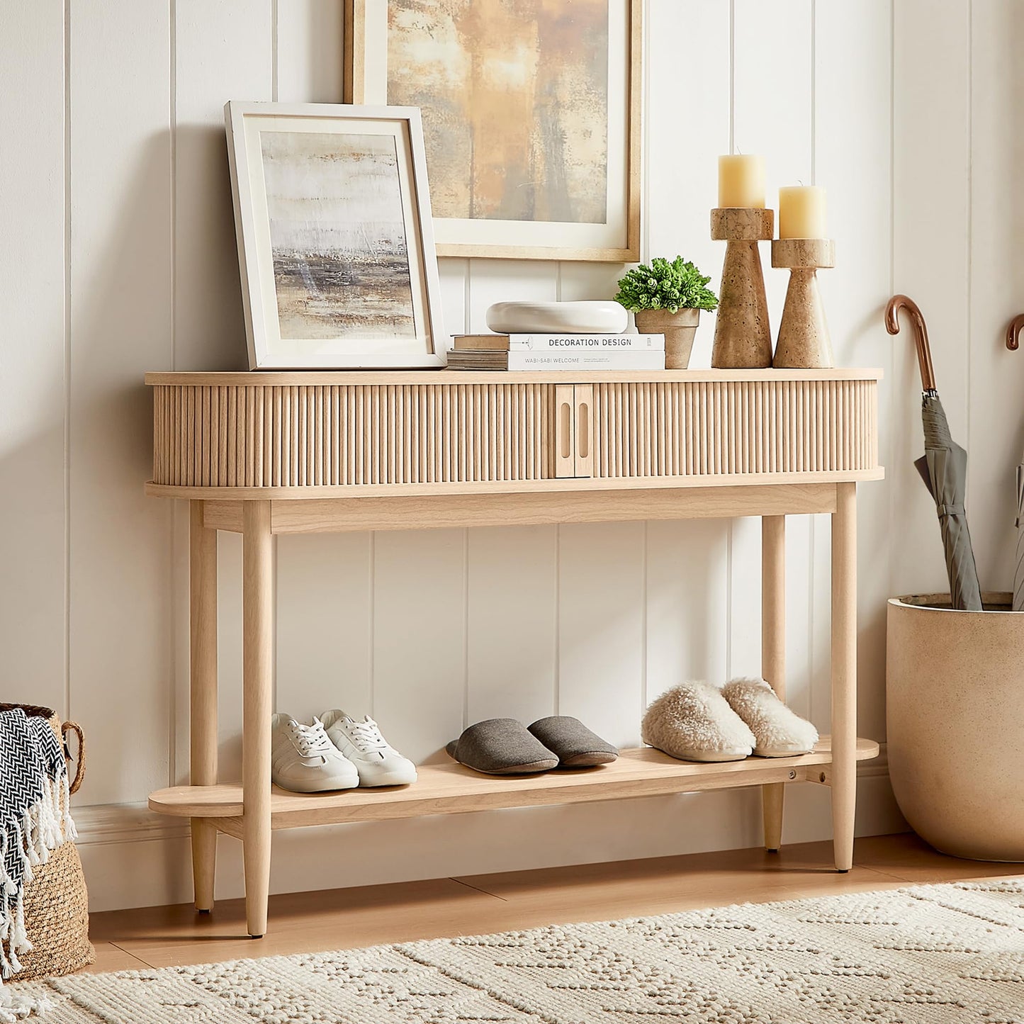 LINSY Fluted Console Table with Storage, Entryway Table Wood Entrance Tables for Front Door, Behind Couch Sofa Table with Shelves, Foyer Tables for Hallways, Living Room Boho Furniture, Light Wood