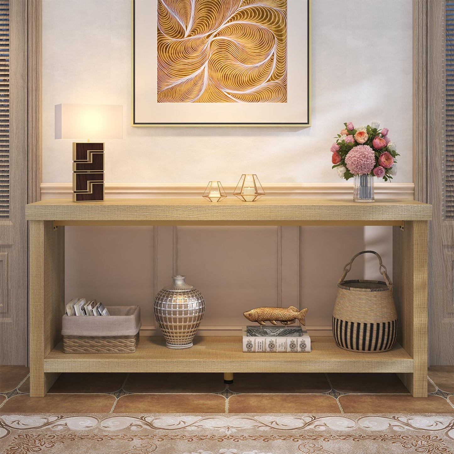 knoworld 63 Inches Narrow Console Table, 2-Tier Long Sofa Tables Behind Couch Table, Farmhouse Foyer Tables for Entryway, Hallway, Living Room, Oak Natural