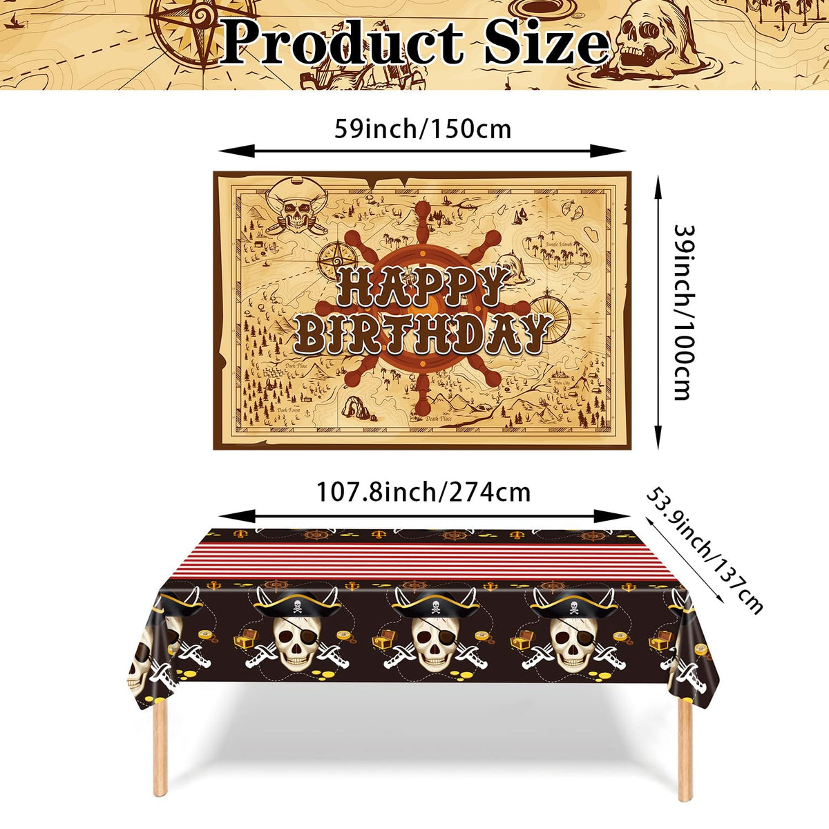 Heidaman 120Pcs Pirate Party Decorations，Pirate Birthday Decorations,Pirate Themed Party Decorations,Set Include：Balloons,Backdrop,Banner, Cake Toppers，Plates And Napkins，Tableware, Tablecloth