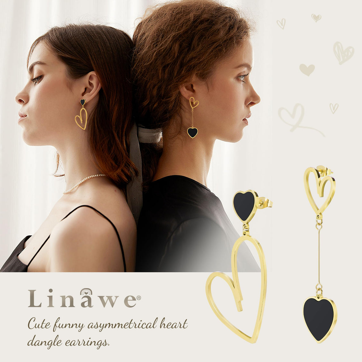 Linawe Gold Black Heart Dangle Earrings for Women Trendy, Asymmetrical Mismatched Cute Drop Earrings Dangling, Titanium Stainles