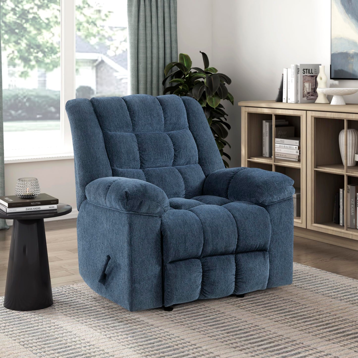 Lexicon Chenille Rocker Reclining Chair for Adults, Rocker Pull Handle Recliner, Nursery Chair for Living Room/Bedroom, High Back, Pillow Top Arms, High Density Foam Cushions, Blue