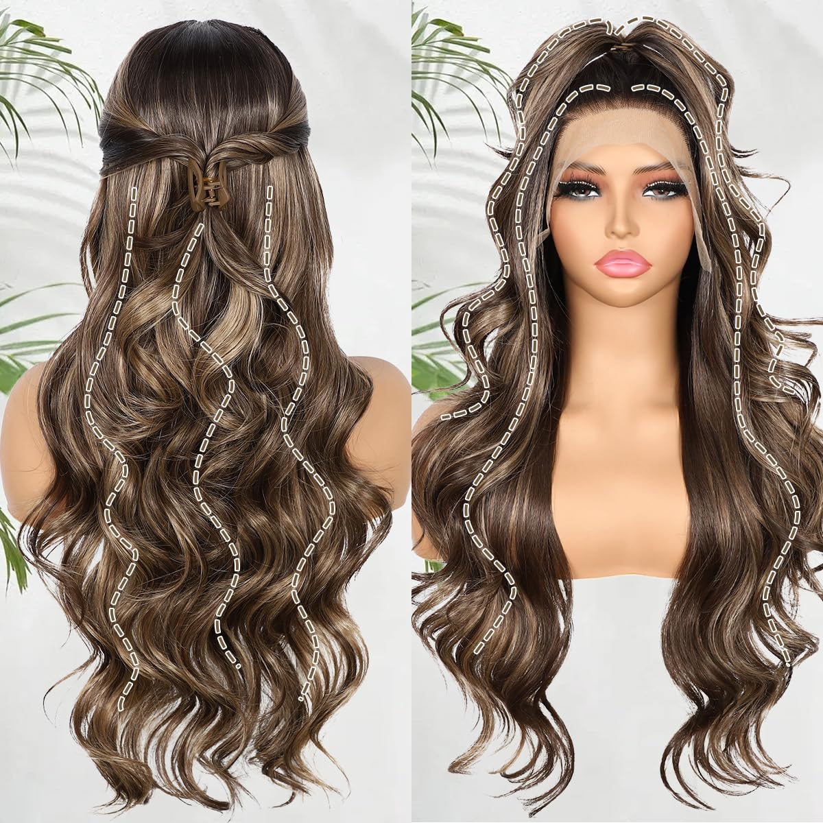 BABEHERS Brown Lace Front Wig for Women 13x4 Highlight synthetic Wig Pre-plucked Body Wave Long Wavy 150% Density Heat Resistant