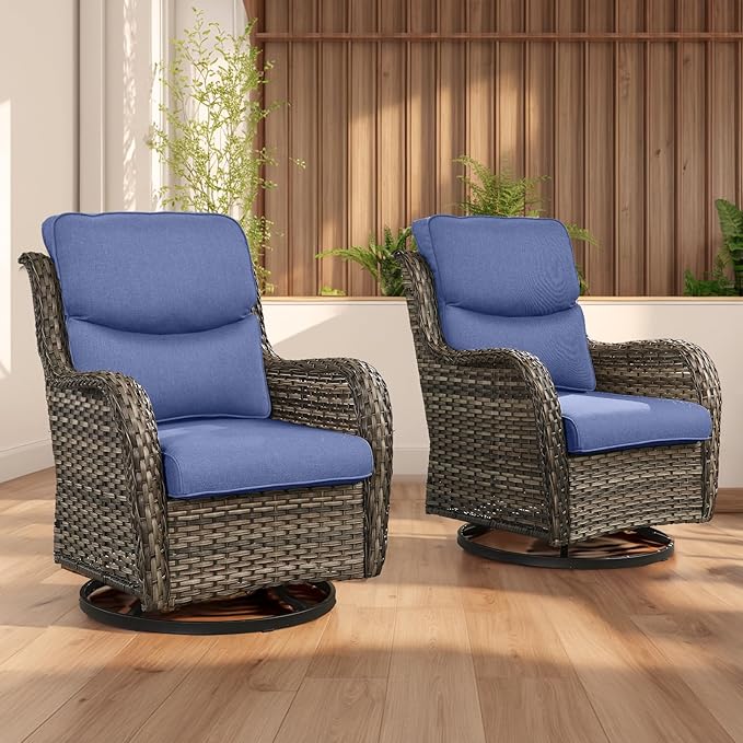 Rilyson Wicker Rocking Chair Swivel Chairs - Rocker Patio Chairs Set of 2 Rattan Rocking Chair for Outdoor Porch Deck Garden Backyard (Mixed Grey/Blue/Smile)