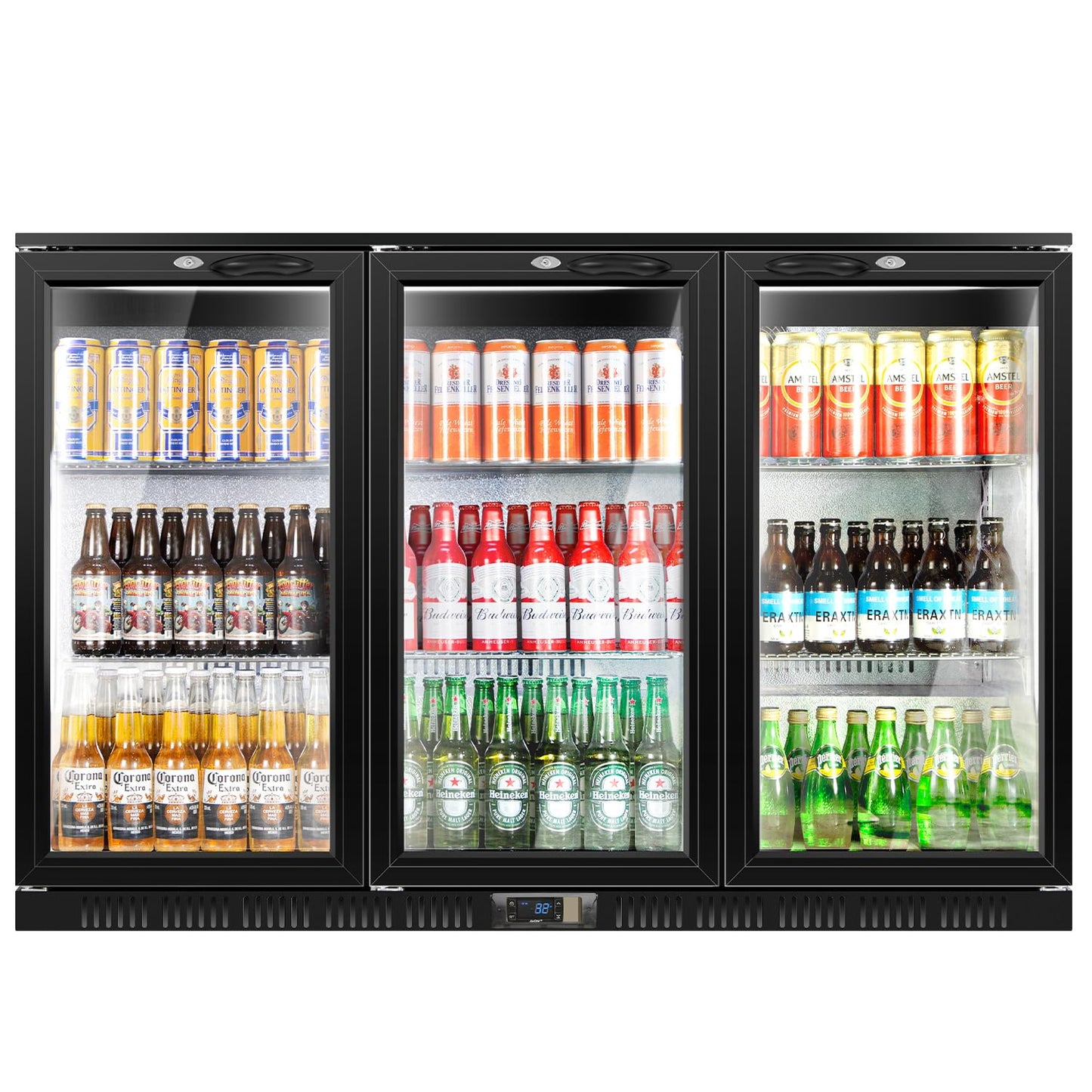 Tylza Back Bar Cooler With 3 Glass Doors, 312L Under Counter Back Bar Refrigerator with LED Lighting, Safety Locks, Counter Height Bar Beverage Cooler for Beer, Soda Drinks, Wine, Black
