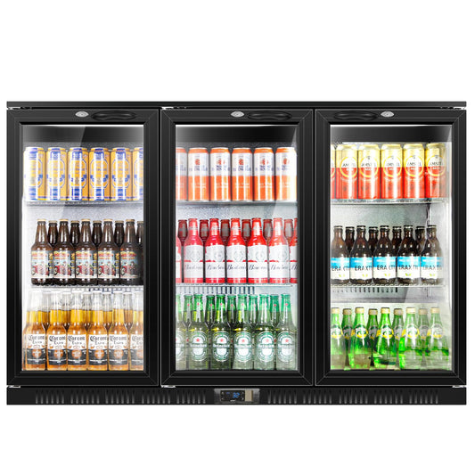 Tylza Back Bar Cooler With 3 Glass Doors, 312L Under Counter Back Bar Refrigerator with LED Lighting, Safety Locks, Counter Height Bar Beverage Cooler for Beer, Soda Drinks, Wine, Black