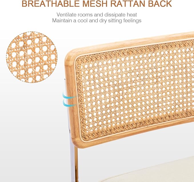 Zesthouse Natural Rattan Dining Chairs Set of 2, Mid Century Modern Dining Chairs with Solid Wood Back & Chrome Base, for Kitchen Living Room, Breuer Design Inspired, Upholstered Linen Fabric, White