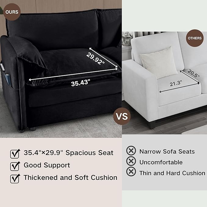 RENDGO 109" Modular Sectional Sofa with 2 Ottoman, Chenille Cloud Couch for Living Room & Apartment, Deep Seat Comfort, Flexible U-Shape Combination Sofa for Home & Office,Black