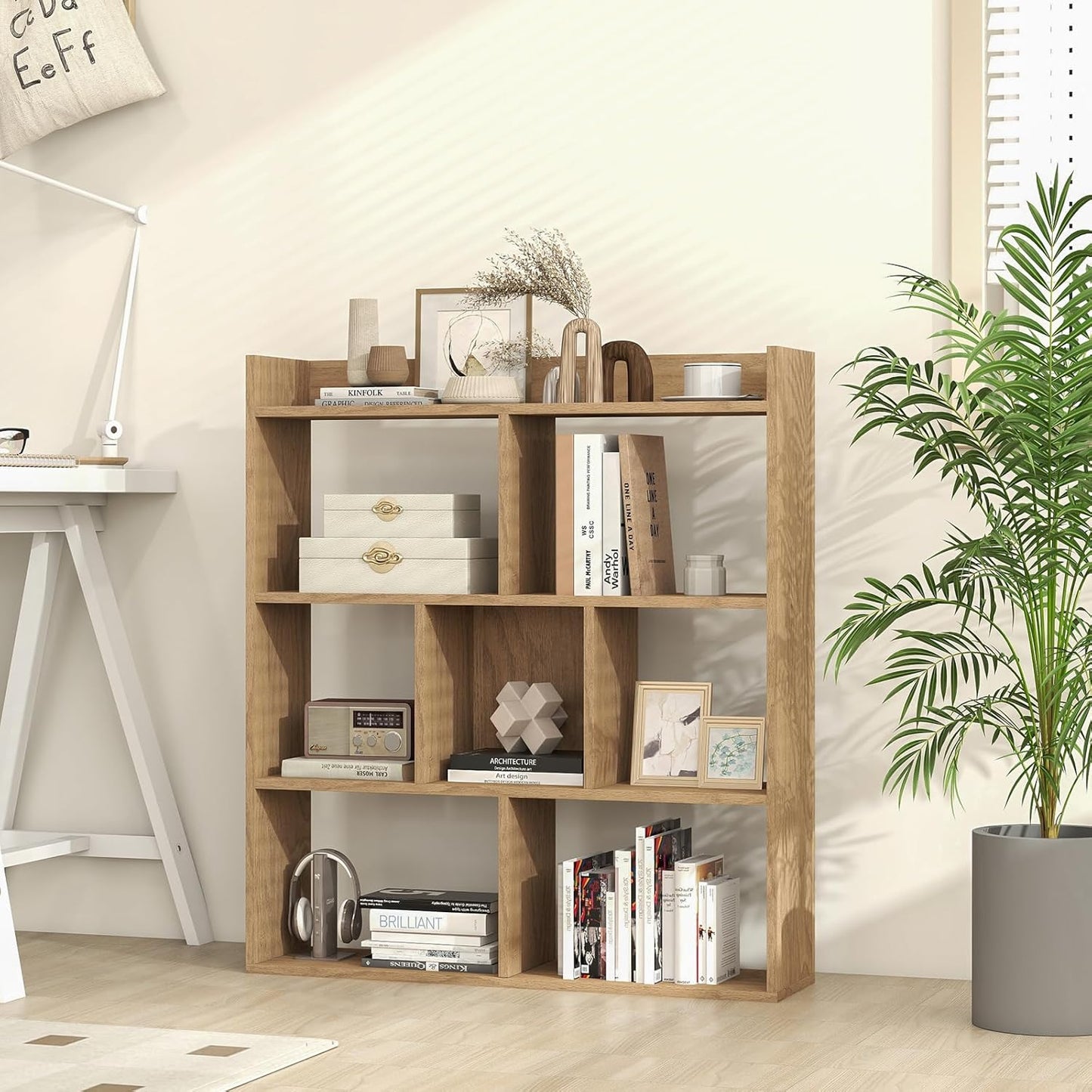 Giantex 7 Cubes Bookshelf, Free-Standing Wooden Bookcase, 4 Tier Home Display Shelf, Horizontal Storage Unit w/Anti-Toppling Devices, Open-Back Display Rack for Study, Living Room (1, Natural)