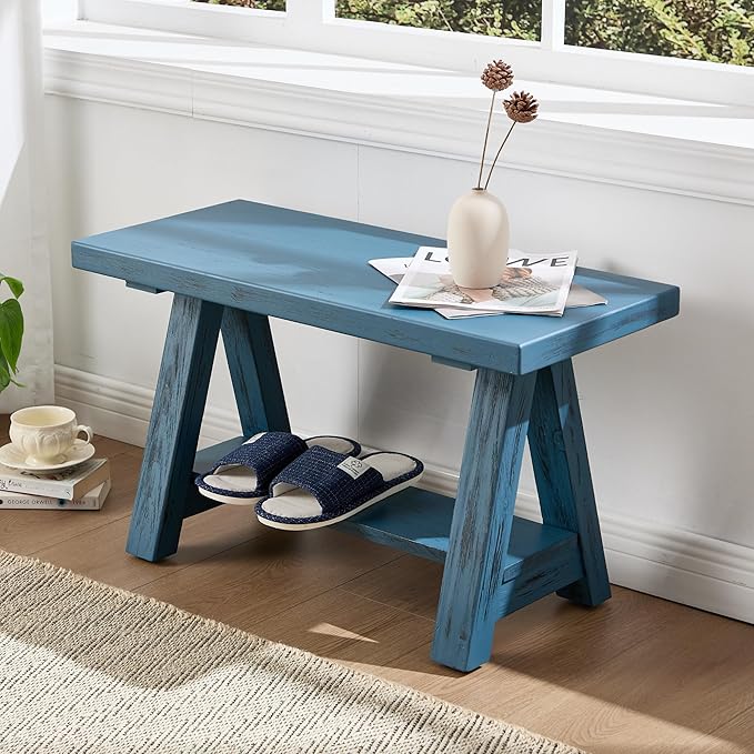 Janoray 30" Entryway Bench with Storage Farmhouse Narrow Dining Bench Shoe Rack Small Wooden Benches Holds up to 300lbs for Hallway Living Room Dining Room Bedroom，2 Tiers, Blue