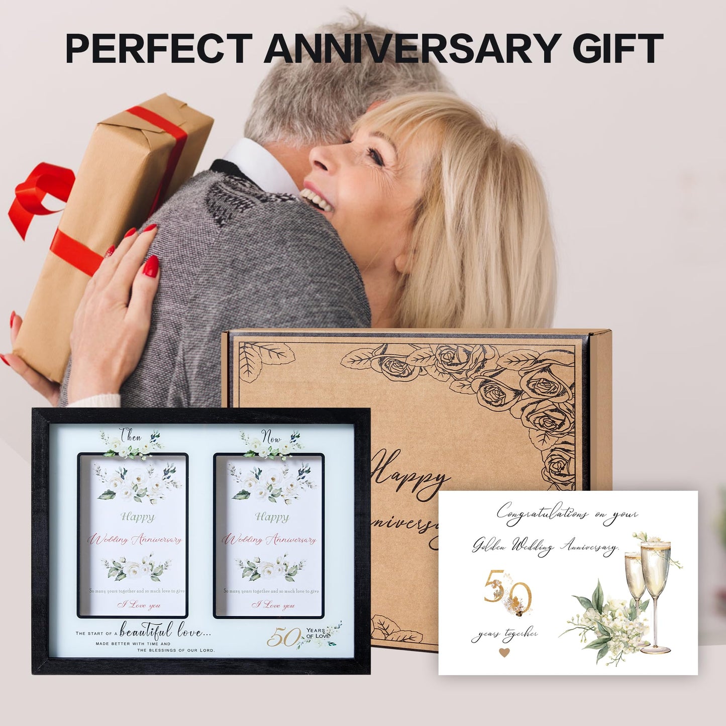 Then & Now 50th Anniversary Picture Frame for Couple, Celebrate Years of Love Anniversary Wooden Photo Frame for Parents, Husbands, Wives, Wedding Engagement Gifts, Double Frame 4x6 Photos Black