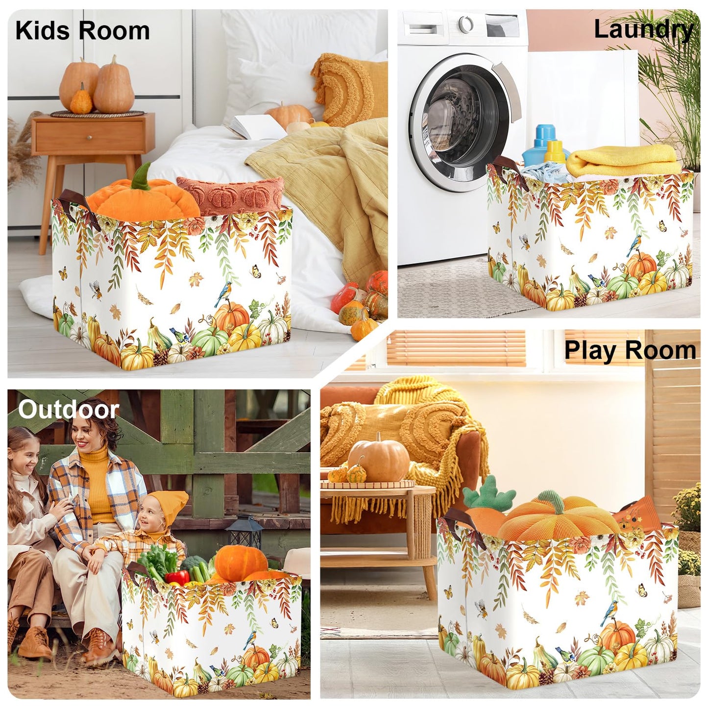 HUUMONSS Fall Thanksgiving Baby Storage Basket Pumpkin Maple Leaf Collapsible Clothes Kids Laundry Hamper Large Boys Girls Gift Toy Box Bin for Nursery Room,Bird,40 * 30 * 30 cm