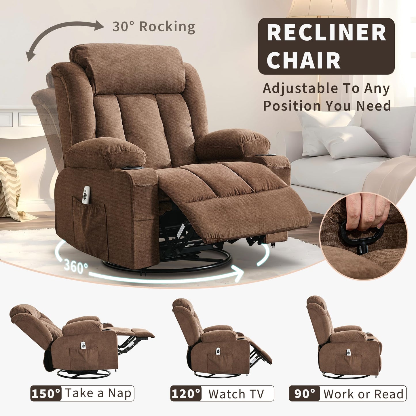 Oversized Manual Rocker Recliner Chair with 360° Swivel – Heat & Massage, Remote Control, Cup Holders, Side Pockets, USB Charging – Large Comfortable Living Room Lounge, Brown, Perch Depth 57CM