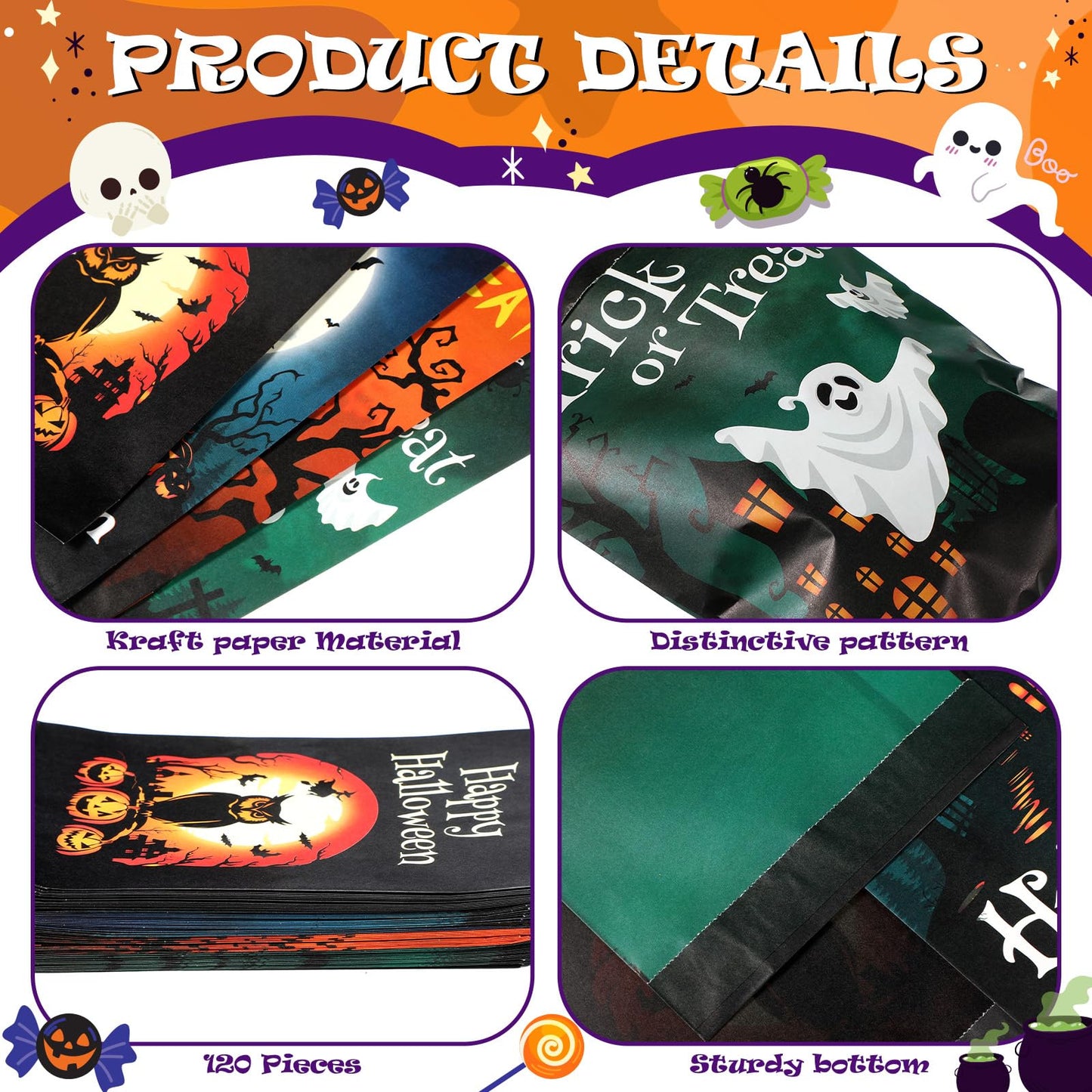 Nezyo 120 Pcs Halloween Treat Bags Halloween Paper Gift Bags Ghost Pumpkin Spider Candy Goody Pouches for Scary Holiday Party Chocolate Cookies Goodies Wrapping Supplies Decoration