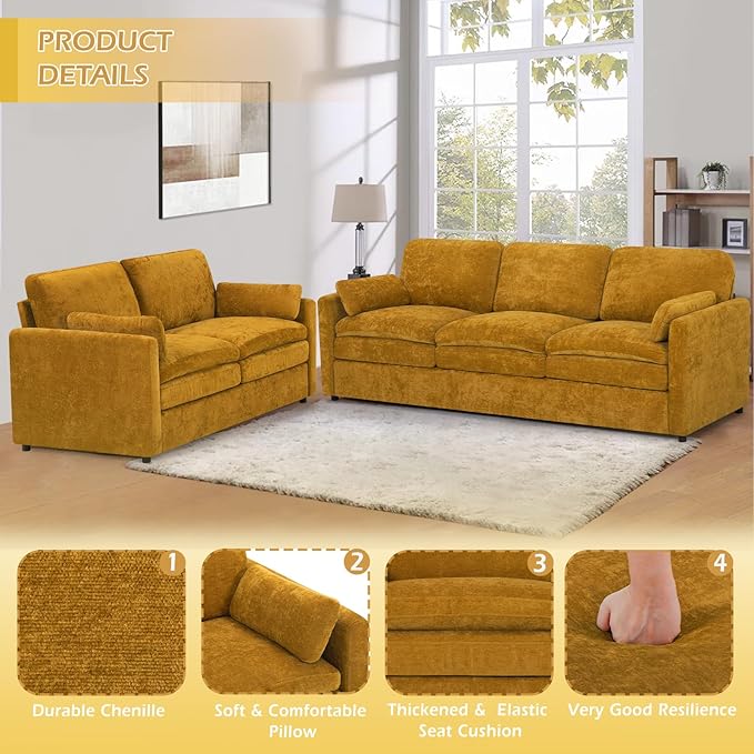 ACMEASE 2 Pieces Chenille Sofa Set w/Throw Pillows, Upholstered Loveseat & 3 Seater Sofa w/Comfortable Back Cushions, Modern 2-Seat & 3-Seat w/High-Density Foam for Living Room, Apartment, Yellow