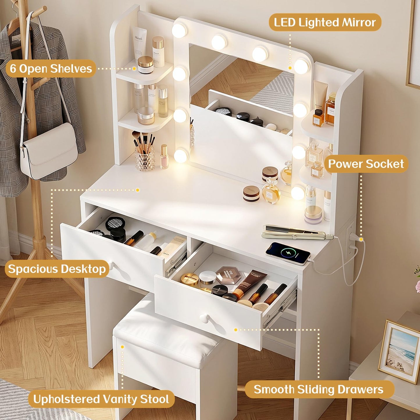 FUXA Makeup Vanity Desk with LED Mirror and Charging Station, Vanity Table Set with Storage Drawers, Shelves and Chair, Dressing Table with 3 Lighting Modes for Bedroom, White