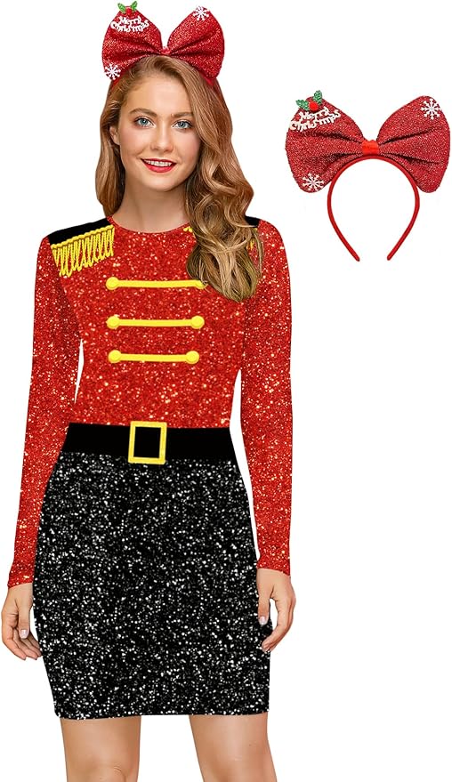 For G and PL Women's Christmas Long Sleeve Bodycon Ugly Print Dress with Hair Band