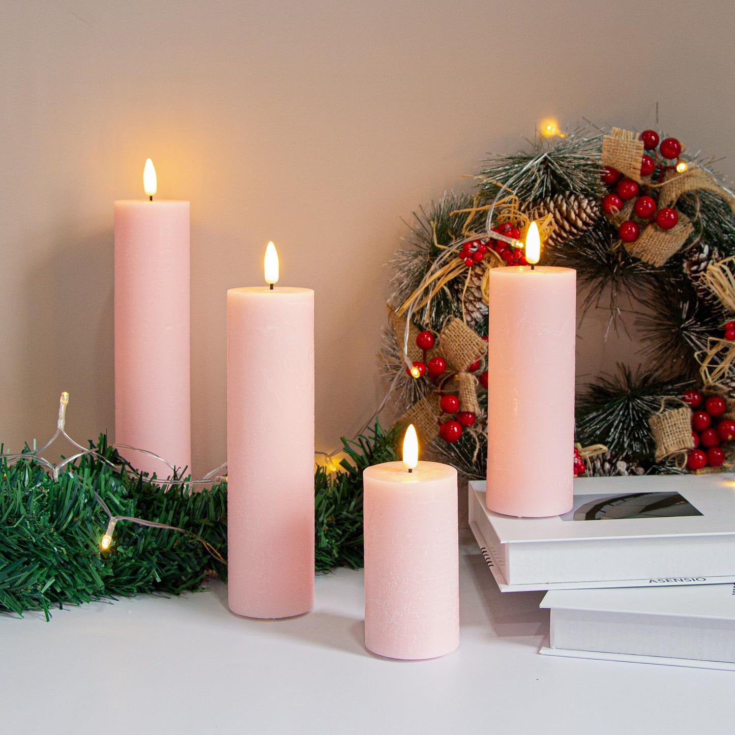 Vtobay Flickering Flameless Pillar Candles with Remote Control and Cycle Timer,Pink Pack of 4 Battery Operated(Powered by 2AA) LED Real Wax Tall Fake 3D-Wick Electric Candles(D 2.2” x H 4”,6”,8”,10”)