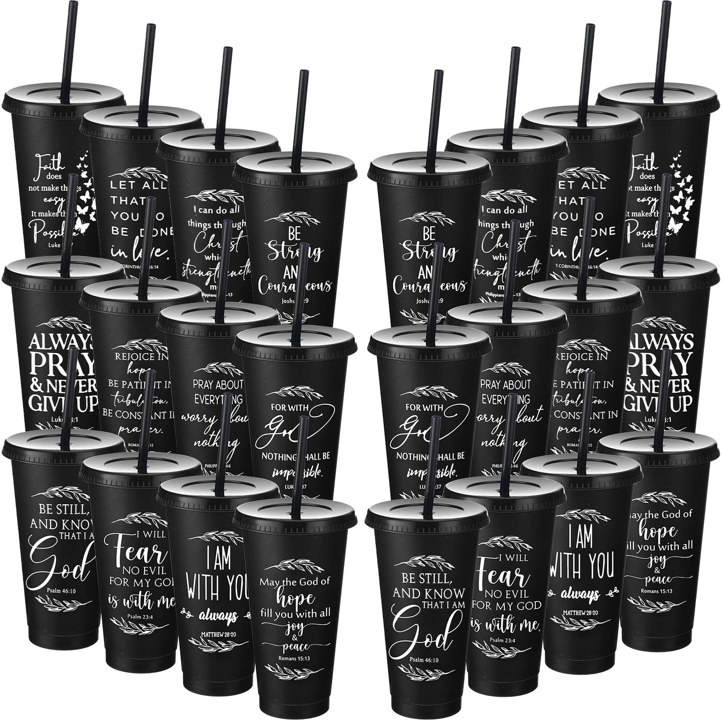 Havawish Inspirational Christian Gift Bible Verse Tumbler Bulk 24 oz Drinking Tumblers with Lid Straw Religious Plastic Cup for Grandparent Day Women Men Sunday School Church Xmas(Black,24)