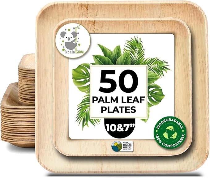 Koala love Palm Leaf Plate Bamboo Paper Plates Disposable 10 Inch & 7 Inch Bulk Party Pack Eco Compostable Biodegradable Wooden Plate Best Alternative To Plastic Paper Plates (50 pc)