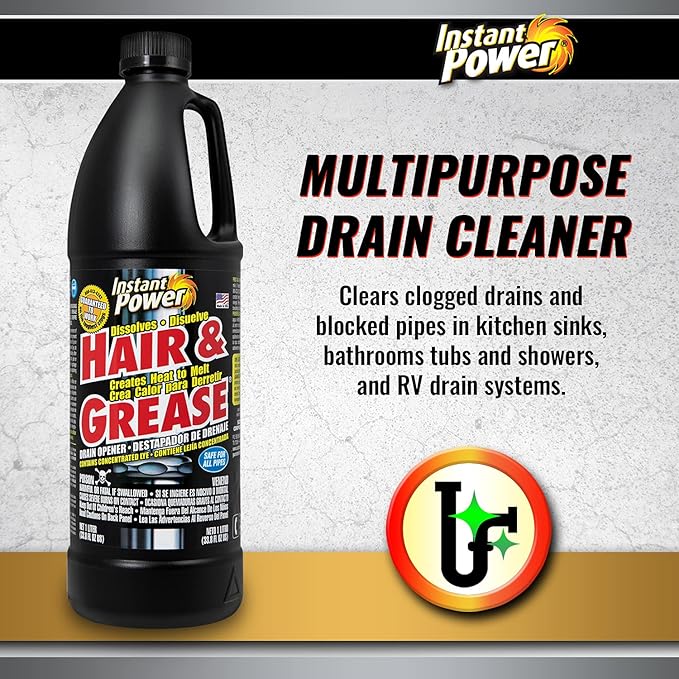 Instant Power Hair and Grease Drain Cleaner - Shower Drain & Sink Cleaner, Liquid Clog Remover, Made in USA, Sink Deodorizer - 1 Liter