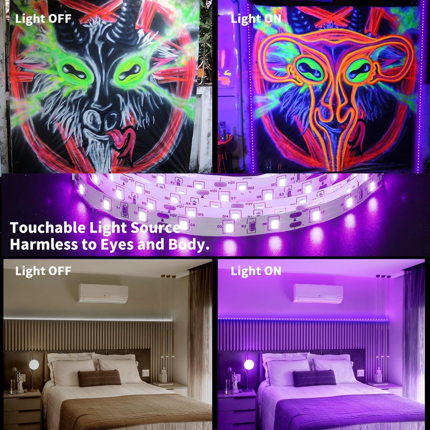 PIZHLO Upgraded 33ft/10M LED Black Light Strip Set with Remote, 600 LEDs, 12V Self-Adhesive Dimmable Black Light Fixture, for Dance Parties, SMD2835 LED Lamp Beads, Non-Waterproof