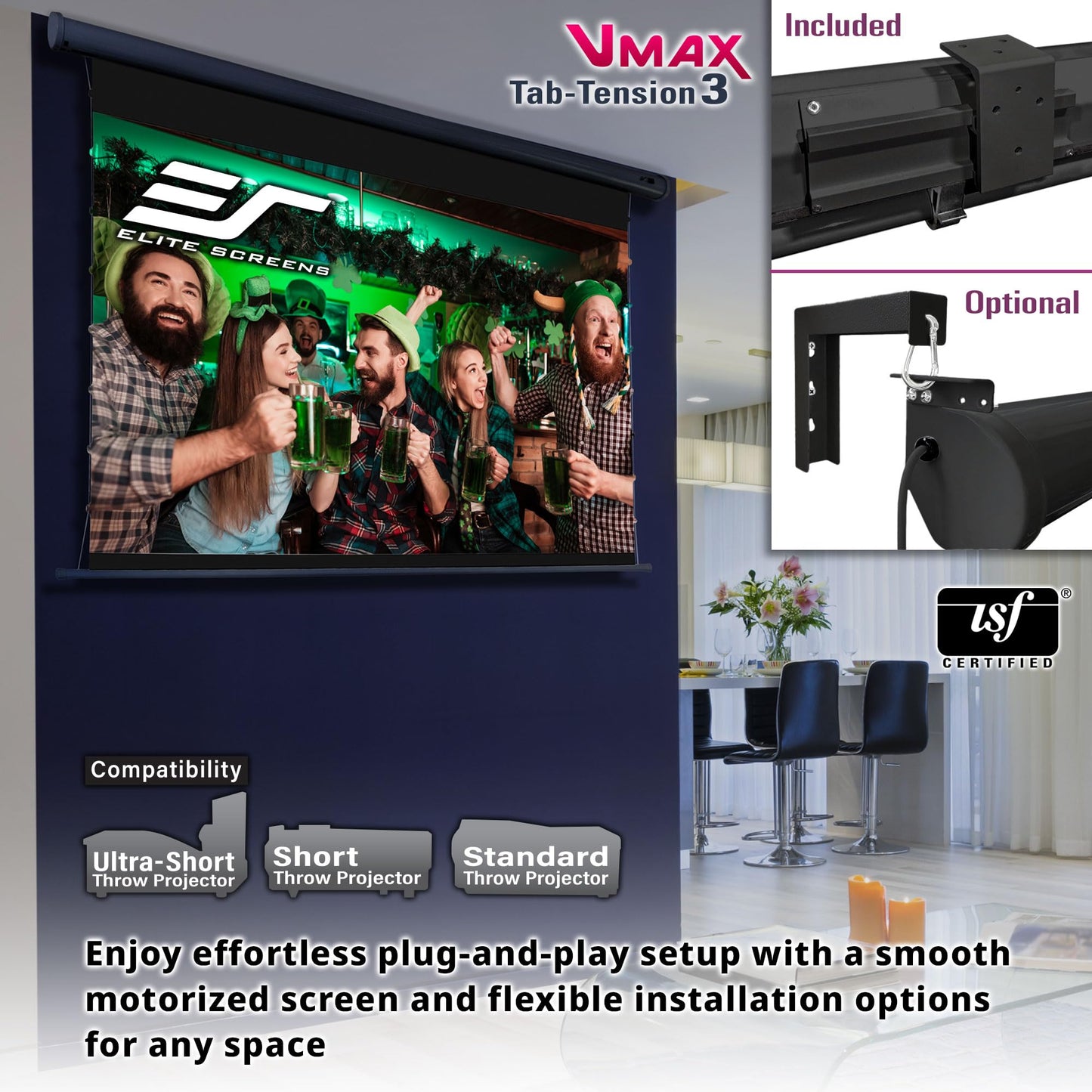Elite Screens VMAX Tab-Tension 3 Series, 138 INCH Motorized Projector Screen, 16:9 CineGrey High Contrast Electric Drop-Down, 4K/8K HDR, IR/RF Remote, VMAXT138UCH3