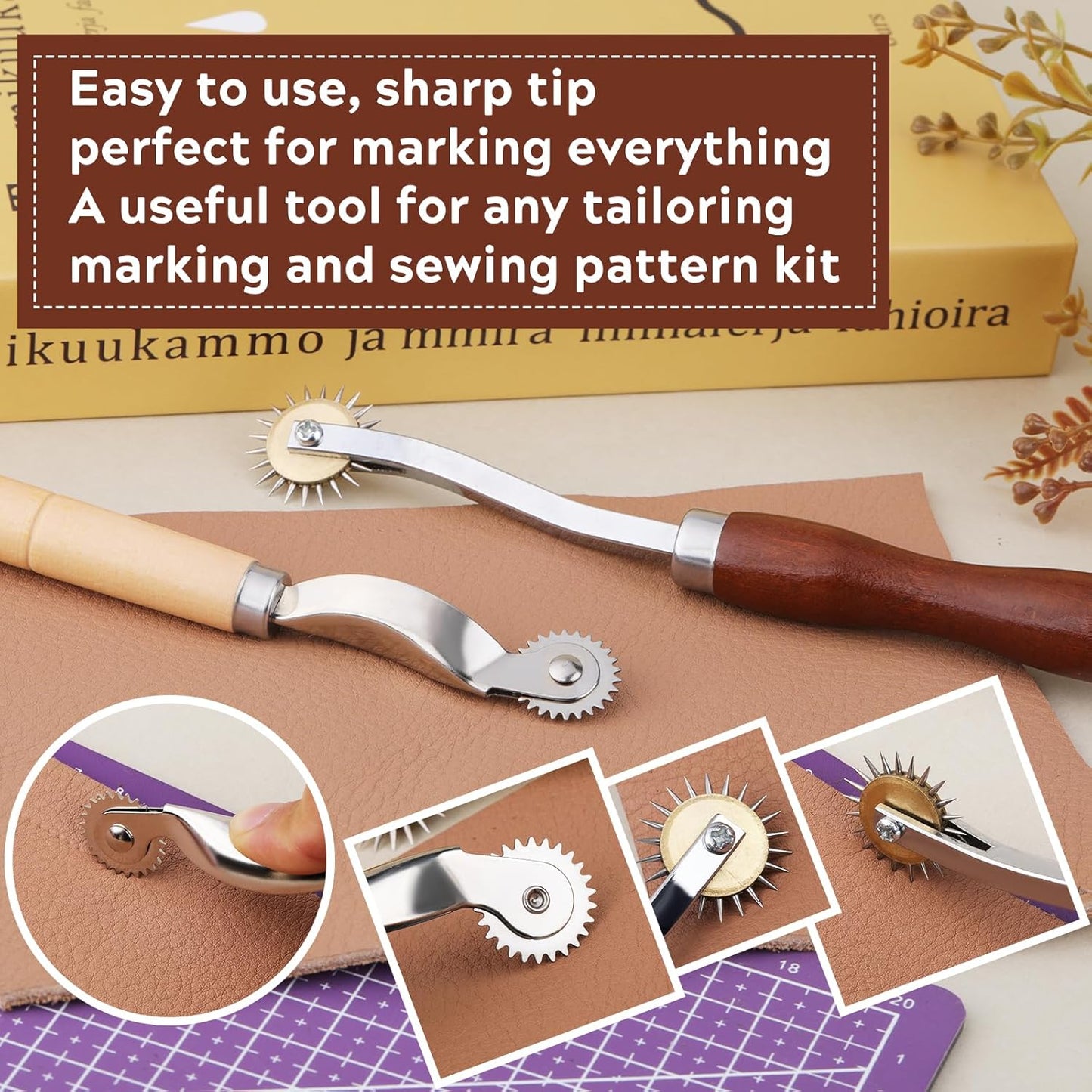 2PCS Tracing Wheel,Professional Stitch Marking Spacer,Wood and Stainless Steel Pounce Wheel,Pounce Wheel for Sewing Patterns with Wooden Handle forTracing Paper and Leather Crafts