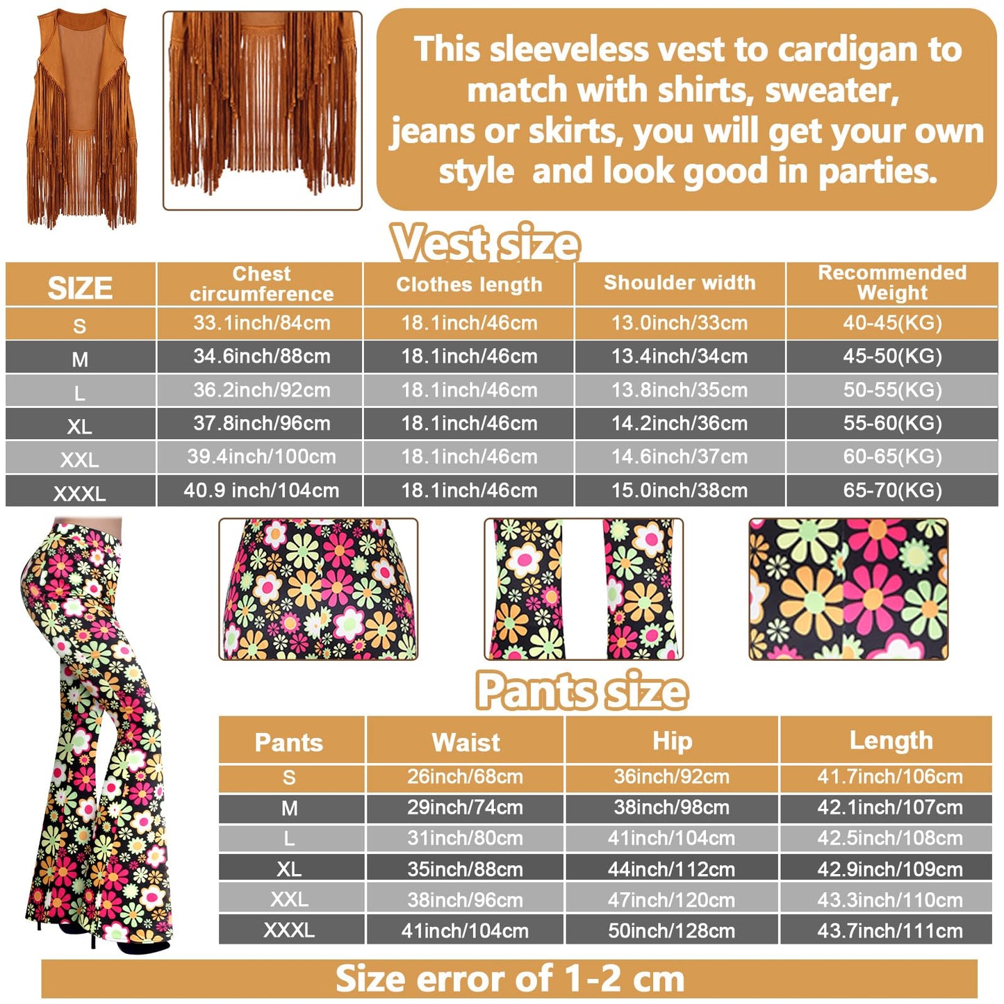 Haull 7 Pcs 60s 70s Outfits for Women Hippie Costume Set Boho Flared Pants Fringe Vest Peace Sign Accessories Set (Flower,XX-Large)