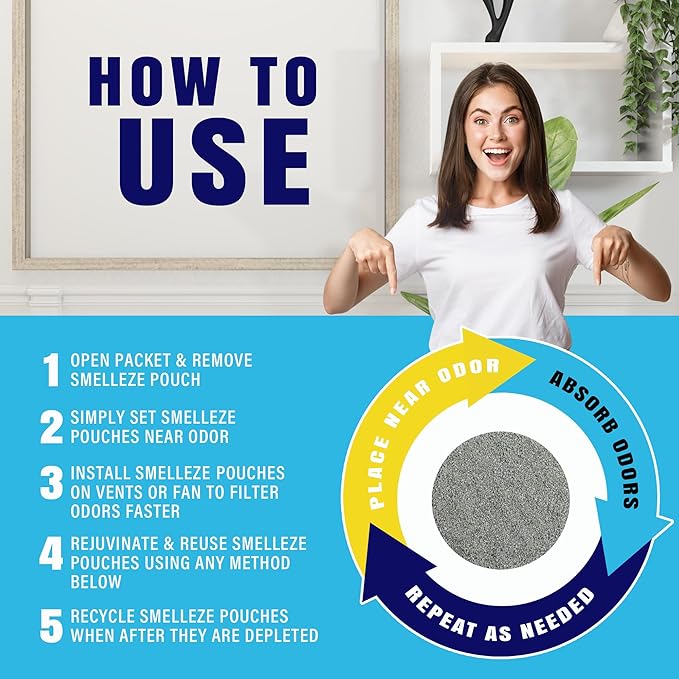 SMELLEZE Reusable Home Smell Removal Deodorizer Pouch - Natural Odor Eliminator for Home, Rids Stinky Odor Without Harmful Fragrances in 150 Sq. Ft.