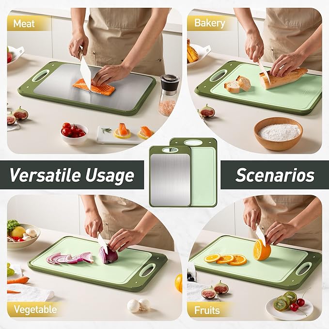 2 in 1 Stainless Steel Cutting Board with Handle 2 Packs Metal Chopping Board Solid Thick Wood Juice Groove Chopping Board Small Big Xl XXl xlarge Oversized Kitchen Counter Organic Vegetable Meat Kit