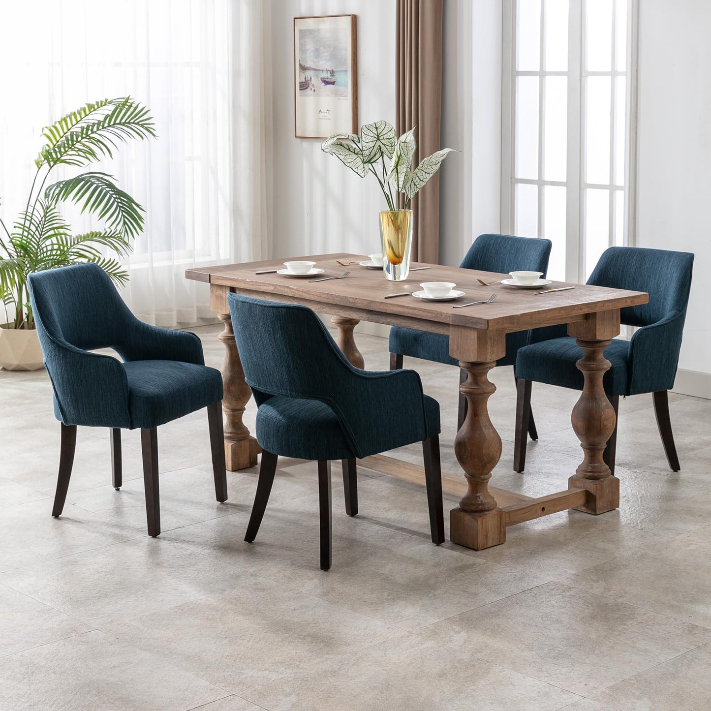 Kmax Linen Fabric Dining Chairs Set of 2 Upholstered Side Chairs Farmhouse Accent Chairs with Open Back Wood Legs for Dining Room Guest Room Restaurant, Blue(Wider Seats)