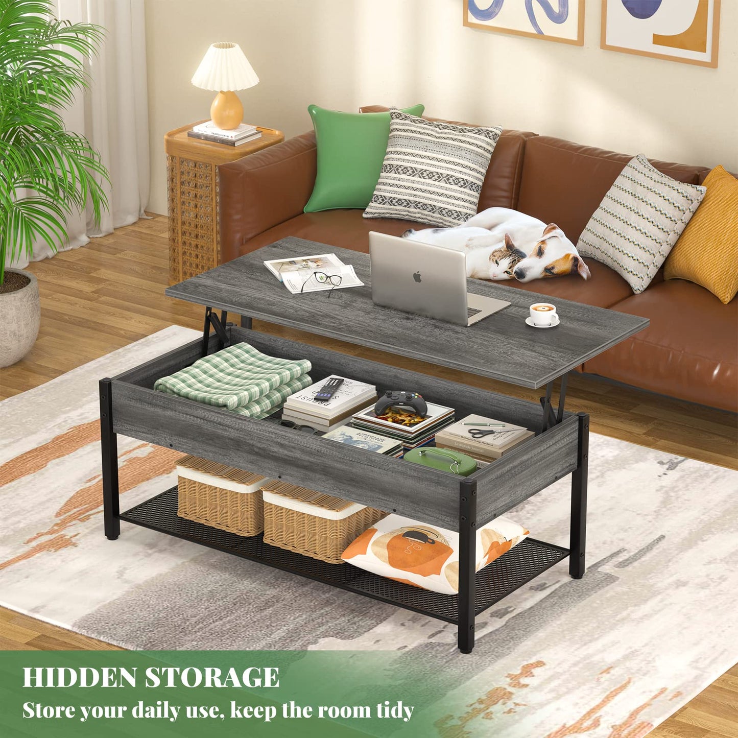 Homieasy Lift Top Coffee Table with Storage Shelf and Hidden Compartment, Modern Lift Top Table for Living Room, Wood Lift Tabletop, Metal Frame - Black Oak