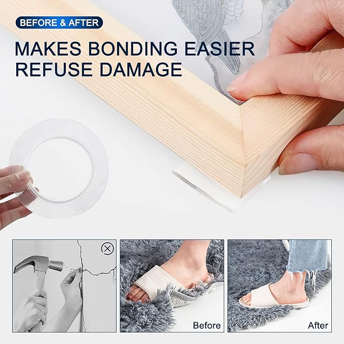 Double Sided Tape Heavy Duty (10FT) Mounting Tape Strong Adhesive Strips Sticky Nano Tape Multipurpose Removable Transparent Two Sided Poster Tape for Paste Items, Household (Pack of 2)