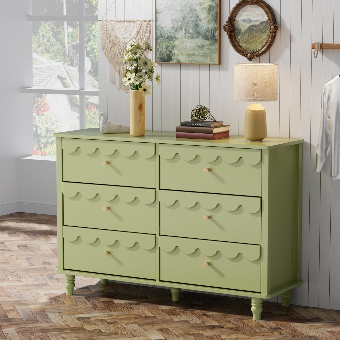 Anbuy Green 6 Drawer Dresser for Bedroom, Modern Wide Chest of Drawers, Scalloped Organizer Storage with Drawers, Fluted Petal Pattern Large Storage Cabinet for Bedroom, Living Room, Porch