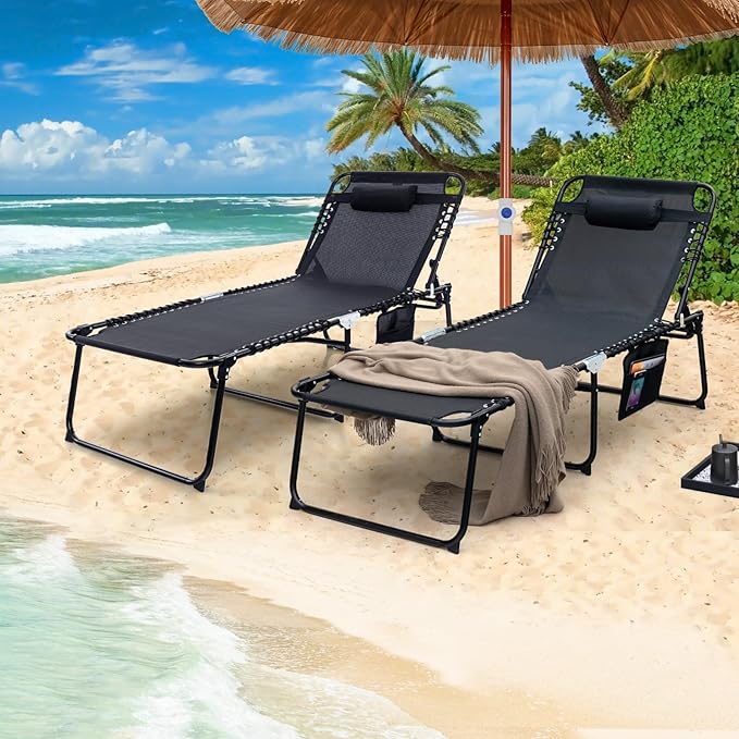 GYMAX Lounge Chair for Outside, 440lbs 27” Oversize Folding Beach Tanning Sunbath Chair with Adjustable Backrest & Removable Pillow, Lightweight Portable Patio Lounger for Lawn Poolside (1, Black)