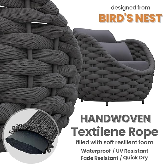 Erotr Fully Assembled Patio Furniture Set: 5 Pieces Woven Rope Outdoor Conversation Set Cushioned - Modern Metal Deck Loveseat Chair Table Set - Porch Seating For Yard Garden Poolside Hotel, Dark Grey