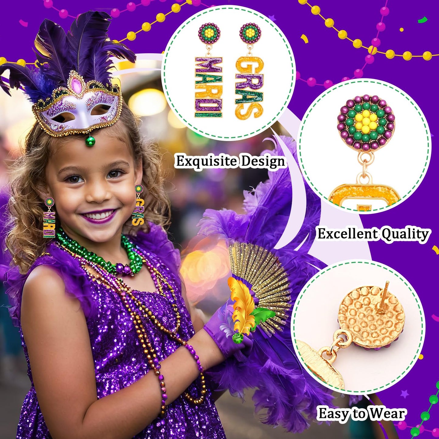 DTOFOOT 4 Pairs Mardi Gras Enamel Earrings for Women Carnival Stud Earrings Beaded Mask Fleur De Lis Crown Drop Dangle Set for P