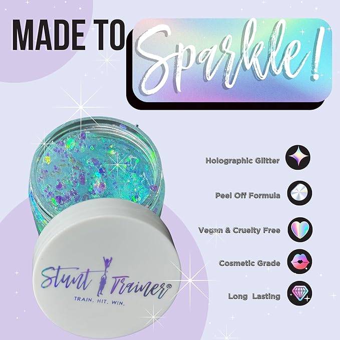 Stunt Trainer Cheer Glitter Face Body Makeup Peel Off Gel Chunky Holographic 15 Colors 1.6oz Vegan Cruelty Free Nontoxic Cheerleader Cheerleading Makeup