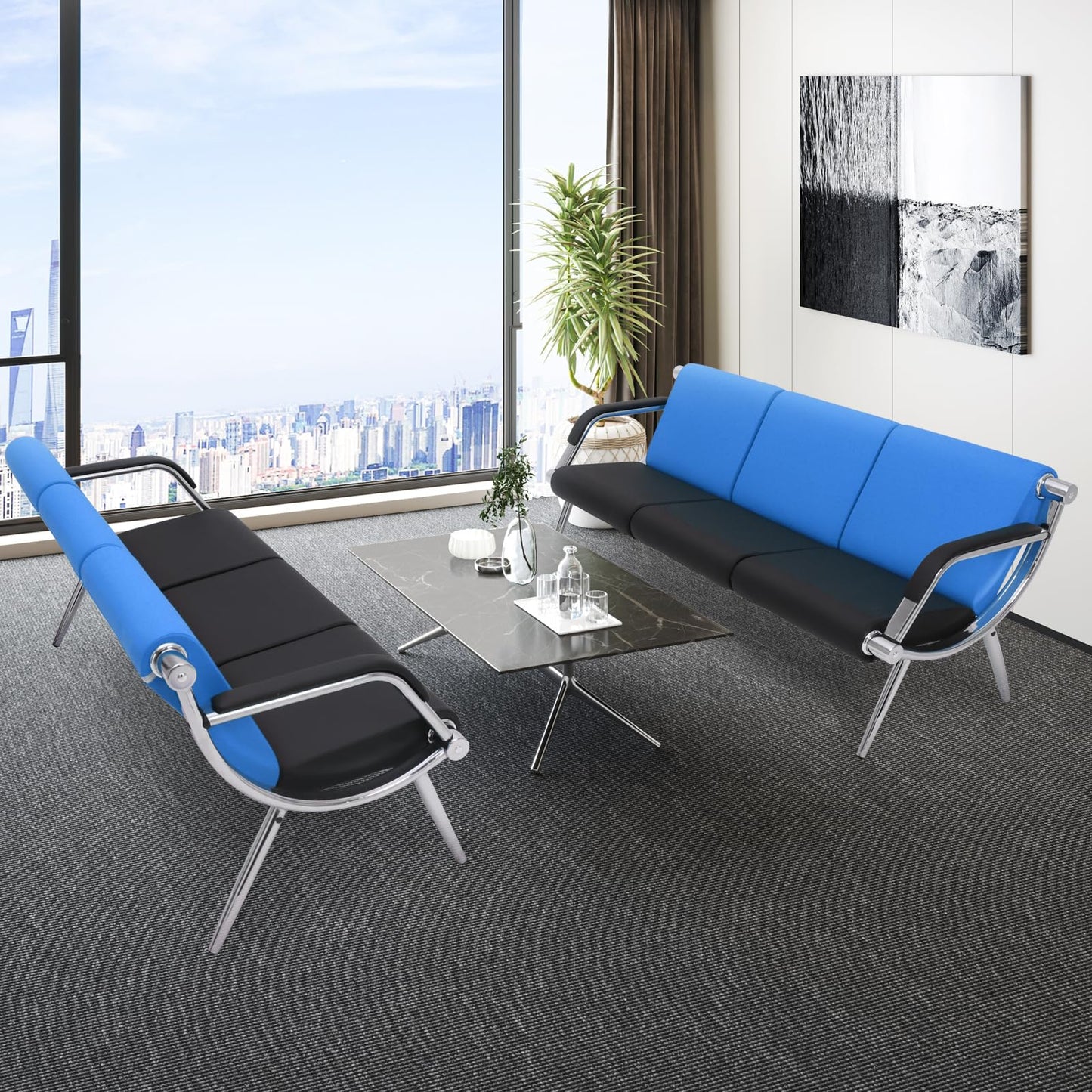 Walmokid Waiting Room Bench with Armrest, PU Leather Office Furniture, Lobby Conference Reception Bench, Office Guest Seating for Clinic,Airport,Hospital,Barber,Salon,Bank (Blue & Black, 3-Seat)
