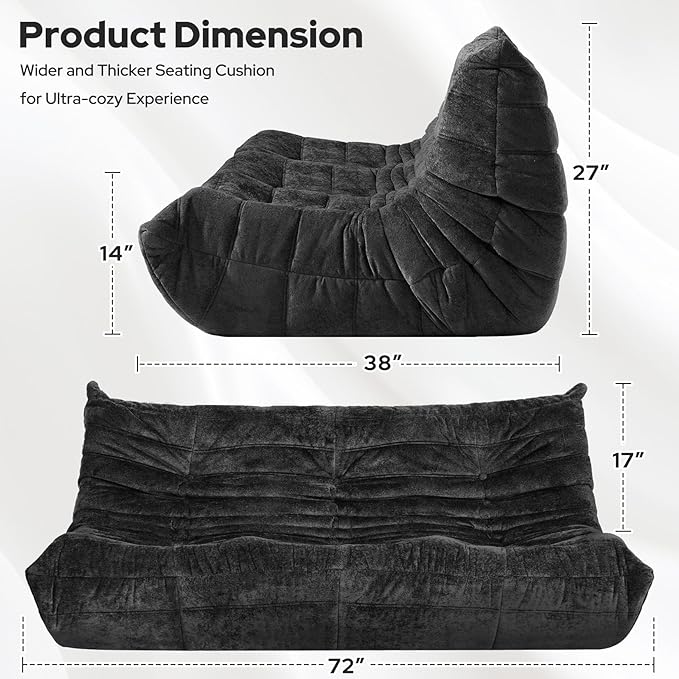 HABUTWAY Bean Bag Chair, Giant Bean Bag Chairs for Adults, 3 Seater Fireside Chair, Lazy Large Floor Bean Bag Sofa for Living Room, Bedroom, Dorm, Office (Black)
