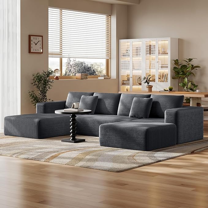 Fancyfire 134.6" Cloud Modular Sectional Couch with Chaise and Pillows,Ultimate Comfort U-Shaped Deep Seat Sofa,Boneless Couch Upholstered 3-Seater Sofas for Living Room, No Assembly Required(Grey)